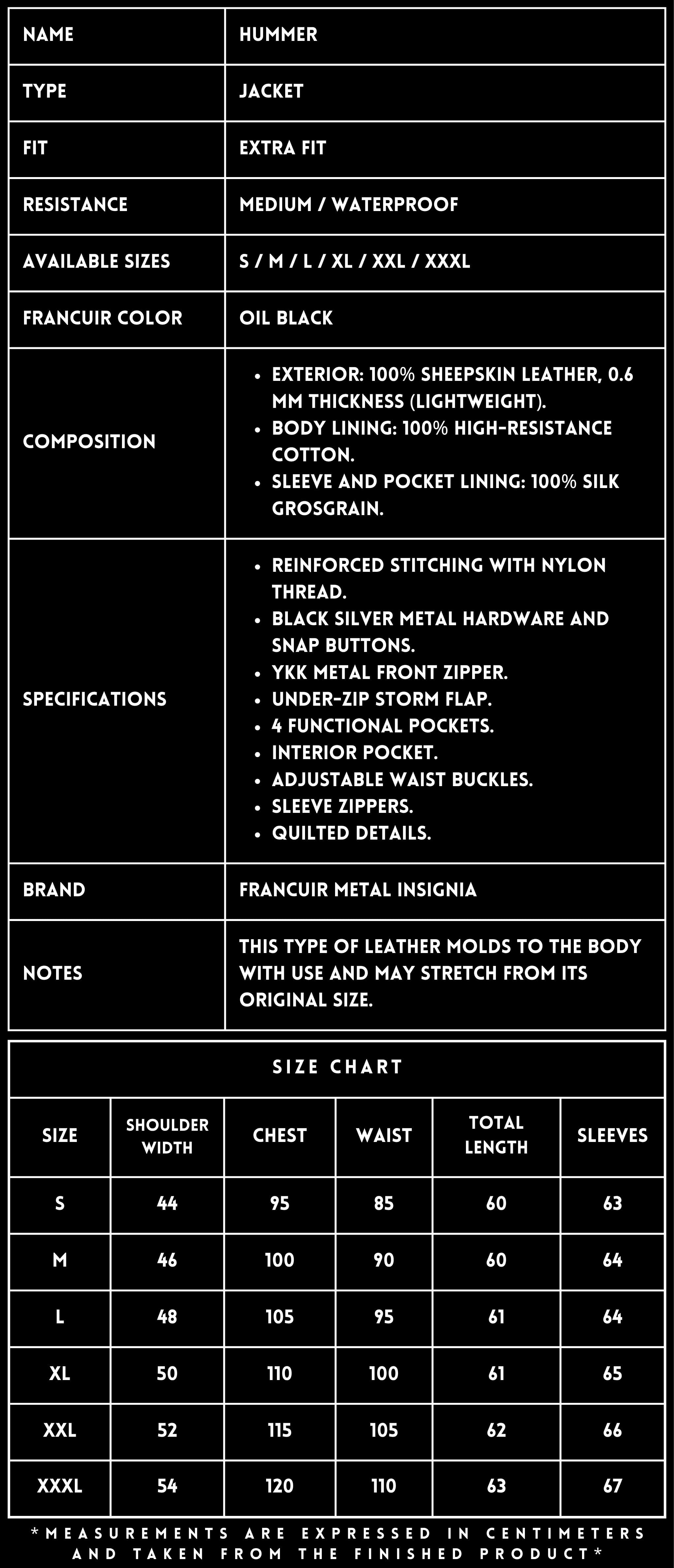 TECHNICAL SPECIFICATIONS_LEATHER JACKET_HUMMER OIL_FRANCUIR